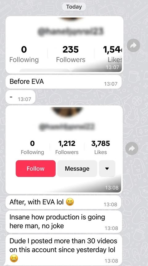 WhatsApp conversation: TikTok account at 235 followers before EVA and 1,212 followers after, with the message 'I posted more than 30 videos on this account since yesterday'